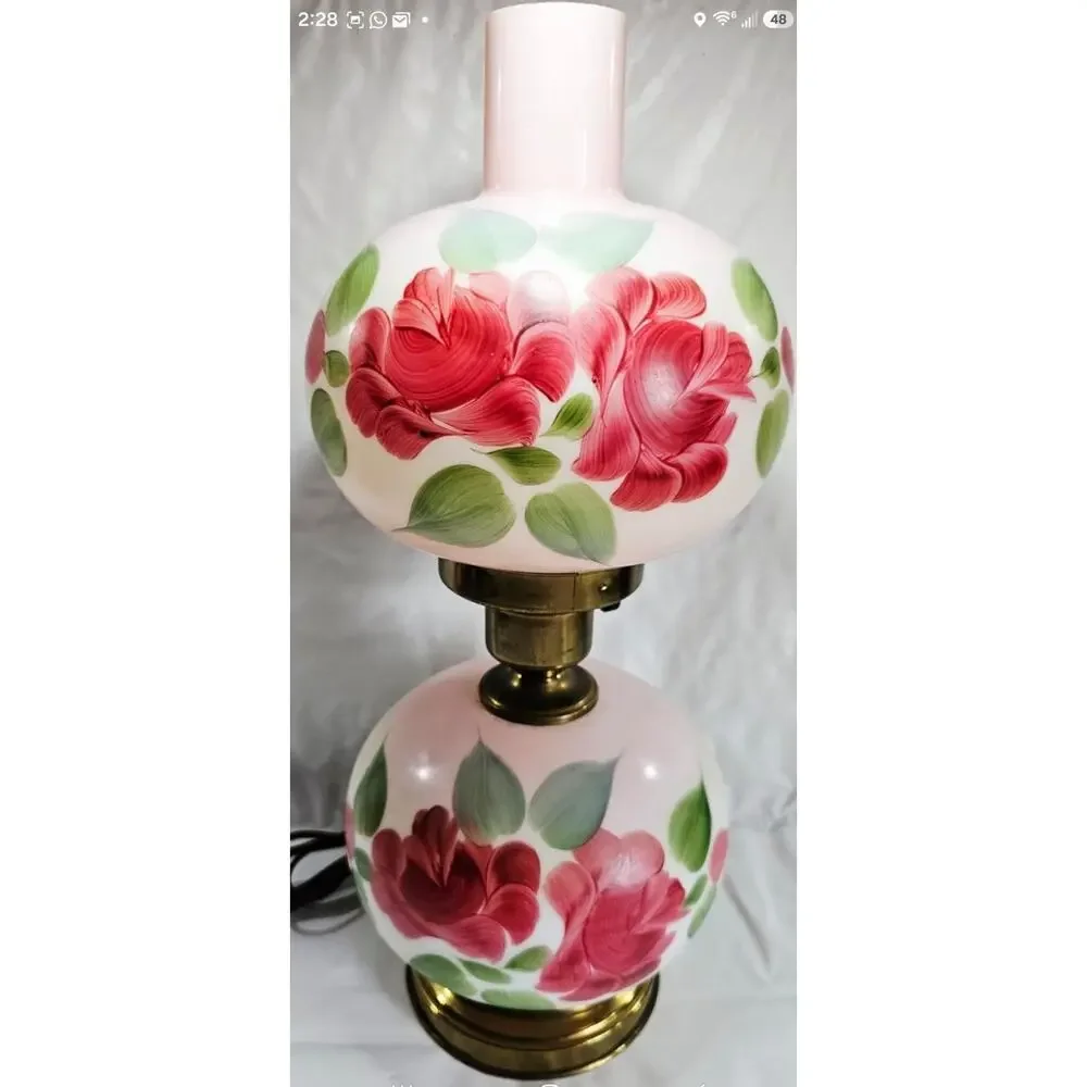 Vintage Hand Painted Pink Floral Gone With The Wind Hurricane Parlor Lamp 16.5